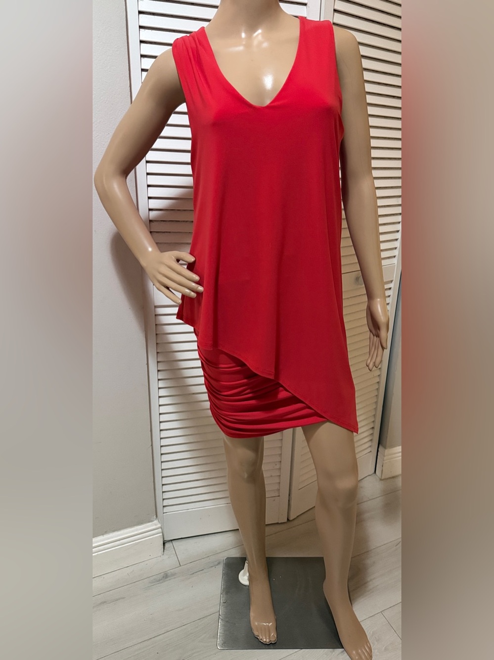Clara Sun Woo Red Asymmetrical Ruched Dress XS Sleeveless Draped Mini
